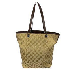 GUCCI GG Sherry Line Canvas and Leather Trim Bucket Tote Bag in Tan Brown